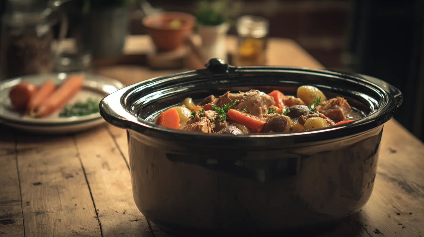 Low FODMAP slow cooker 国产女人高潮叫床视频 chicken and vegetable stew in farmhouse kitchen